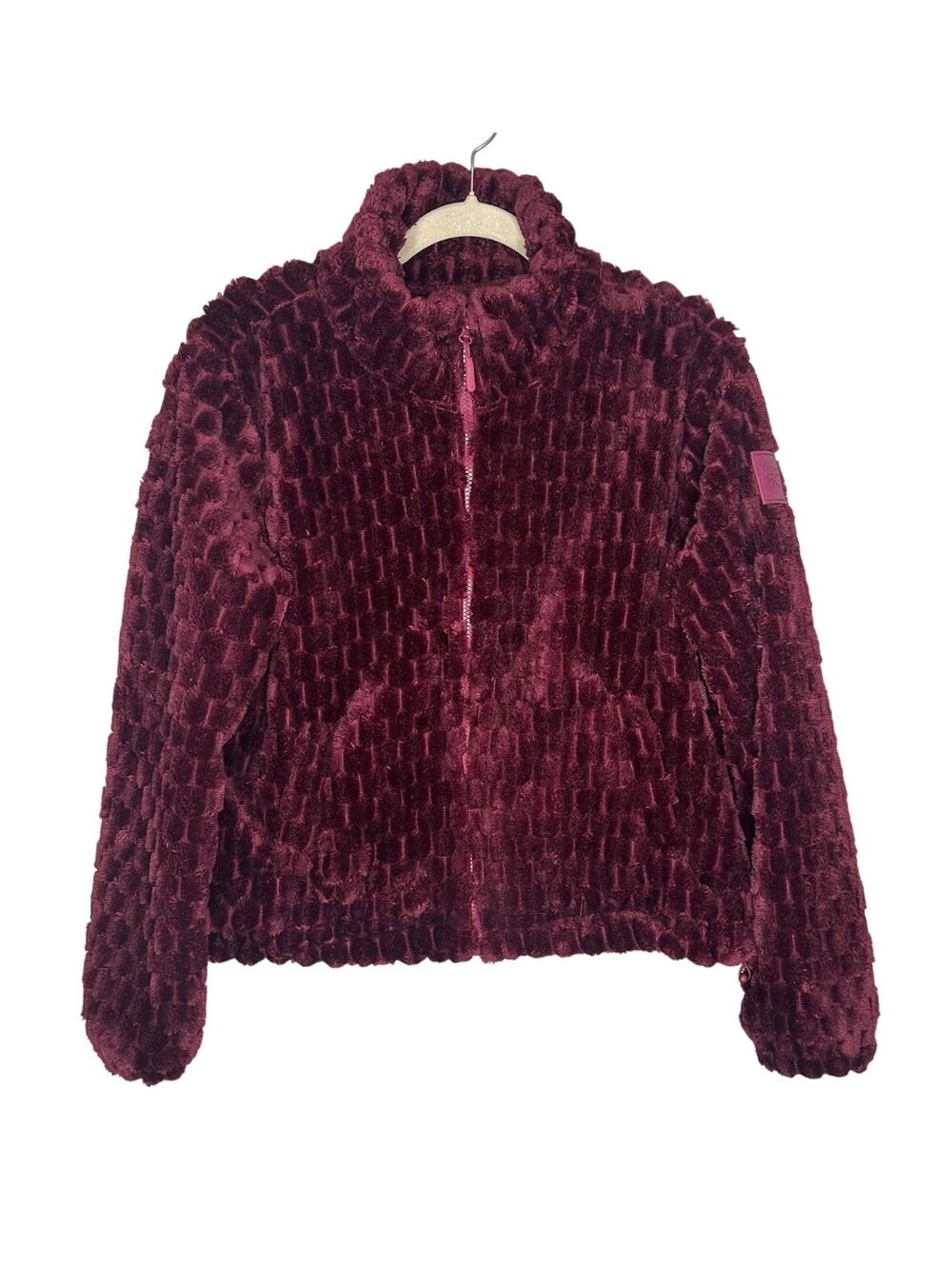 Reebok Jacket Womens L Maroon Red Honeycomb Fleece Full Zip Mock Neck Logo Cozy